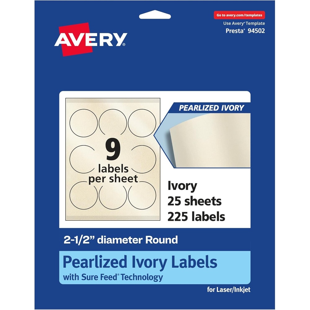 image:imageAvery Pearlized Ivory Round Labels Sure Feed Technology PrinttoTheEdge 25 Diameter 90 Pearlized Ivory Labels LaserInkjet Printable225 labels