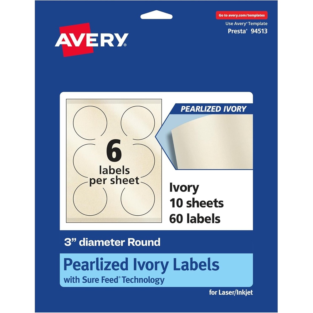 image:imageAvery Pearlized Ivory Round Labels Sure Feed Technology PrinttoTheEdge 3 Diameter 60 Pearlized Ivory Labels LaserInkjet Printable60 labels