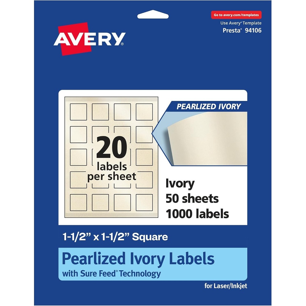 image:imageAvery Pearlized Ivory Square Labels Sure Feed Technology PrinttoTheEdge 15 x 15 200 Pearlized Ivory Labels LaserInkjet Printable1 000 labels