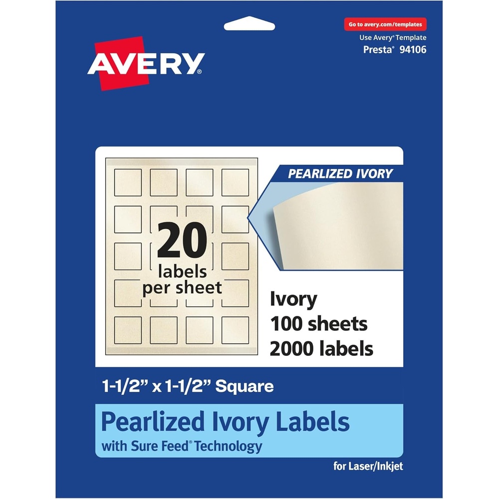 image:imageAvery Pearlized Ivory Square Labels Sure Feed Technology PrinttoTheEdge 15 x 15 200 Pearlized Ivory Labels LaserInkjet Printable2 000 labels