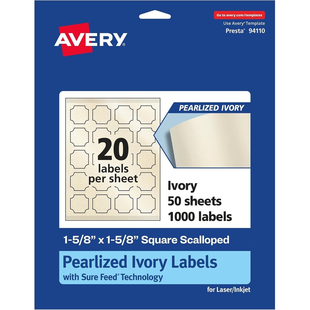 image:imageAvery Pearlized Ivory Square Scalloped Labels Sure Feed Technology PrinttoTheEdge 158 x 158 200 Pearlized Ivory Labels LaserInkjet Printable1 000 labels