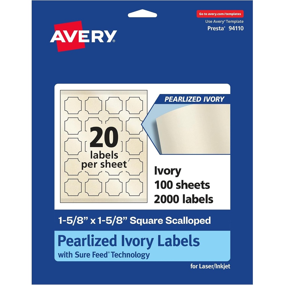 image:imageAvery Pearlized Ivory Square Scalloped Labels Sure Feed Technology PrinttoTheEdge 158 x 158 200 Pearlized Ivory Labels LaserInkjet Printable2 000 labels