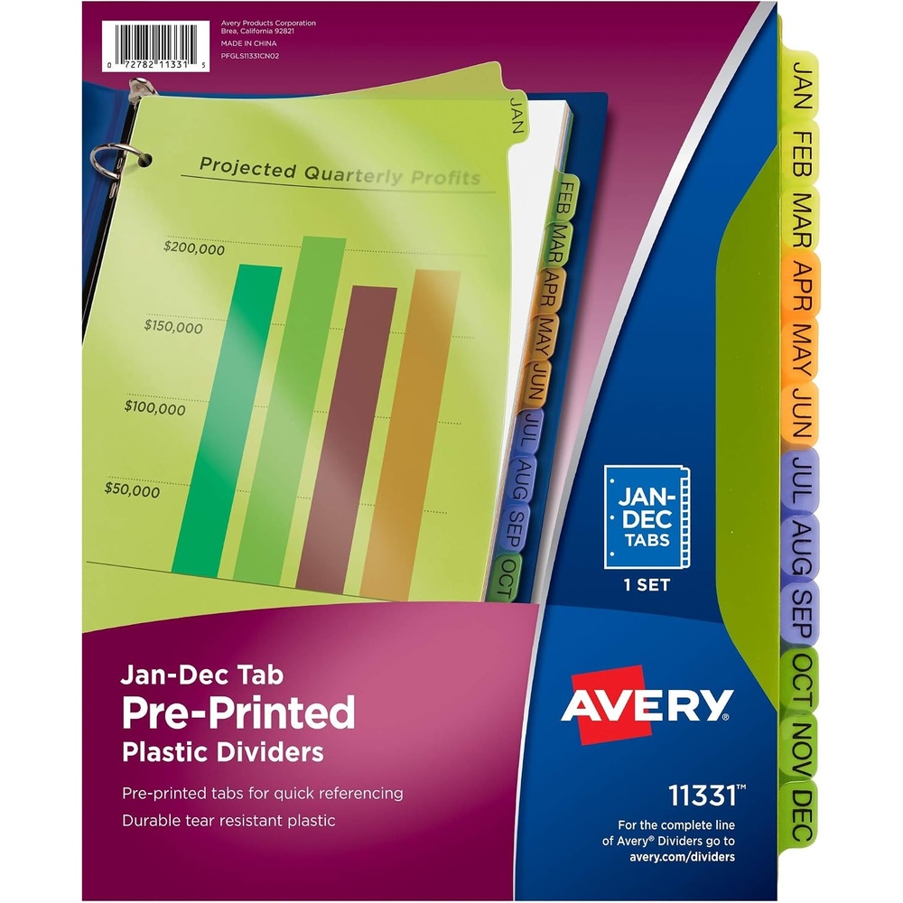 image:imageAvery PrePrinted JanDec Plastic Dividers for 3 Ring Binders 12Tab Set Multicolor 1 Set 11331Binder Divider