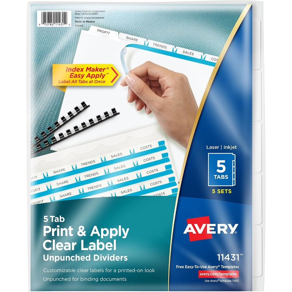image:imageAvery Print amp Apply Clear Label Unpunched Dividers Index Maker Easy Apply Printable Label Strip 5 White Tabs 25 Sets Case Pack of 6 114335 Sets