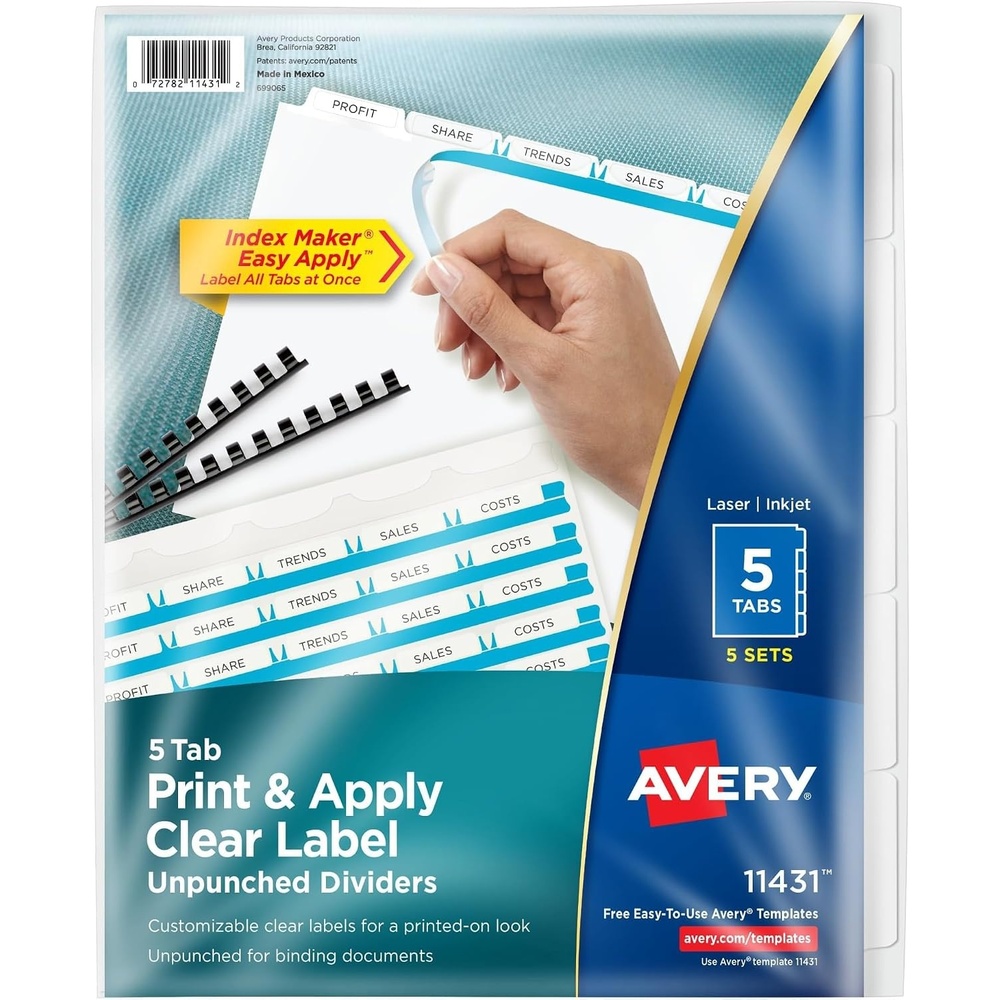 image:imageAvery Print amp Apply Clear Label Unpunched Dividers Index Maker Easy Apply Printable Label Strip 5 White Tabs 25 Sets Case Pack of 6 11433Music