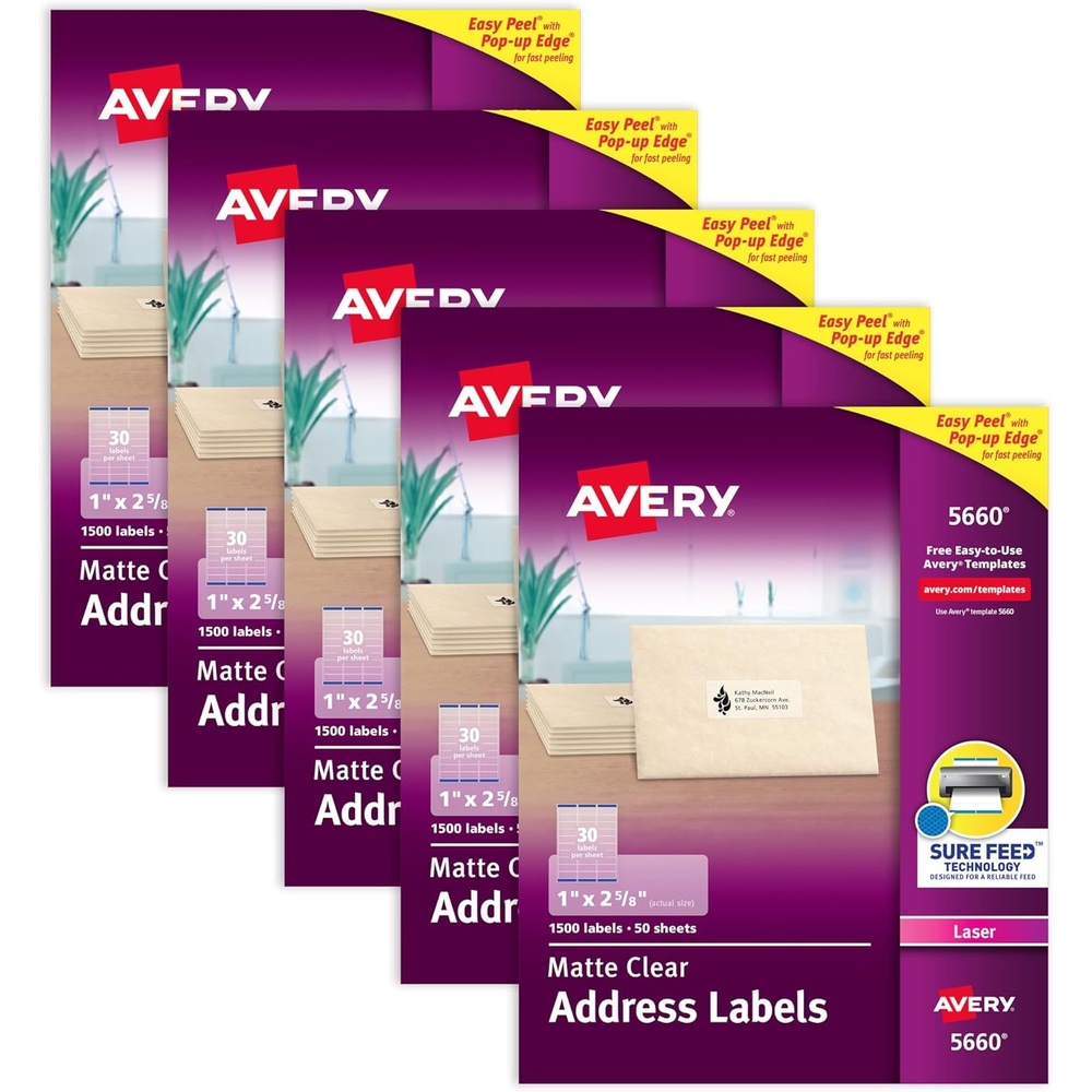 image:imageAvery Printable Address Labels Sure Feed Technology 1 x 258 Matte Clear Laser Printable 1500 Blank Labels per Pack Great for Mailing Branding and More 5Pack of 5660