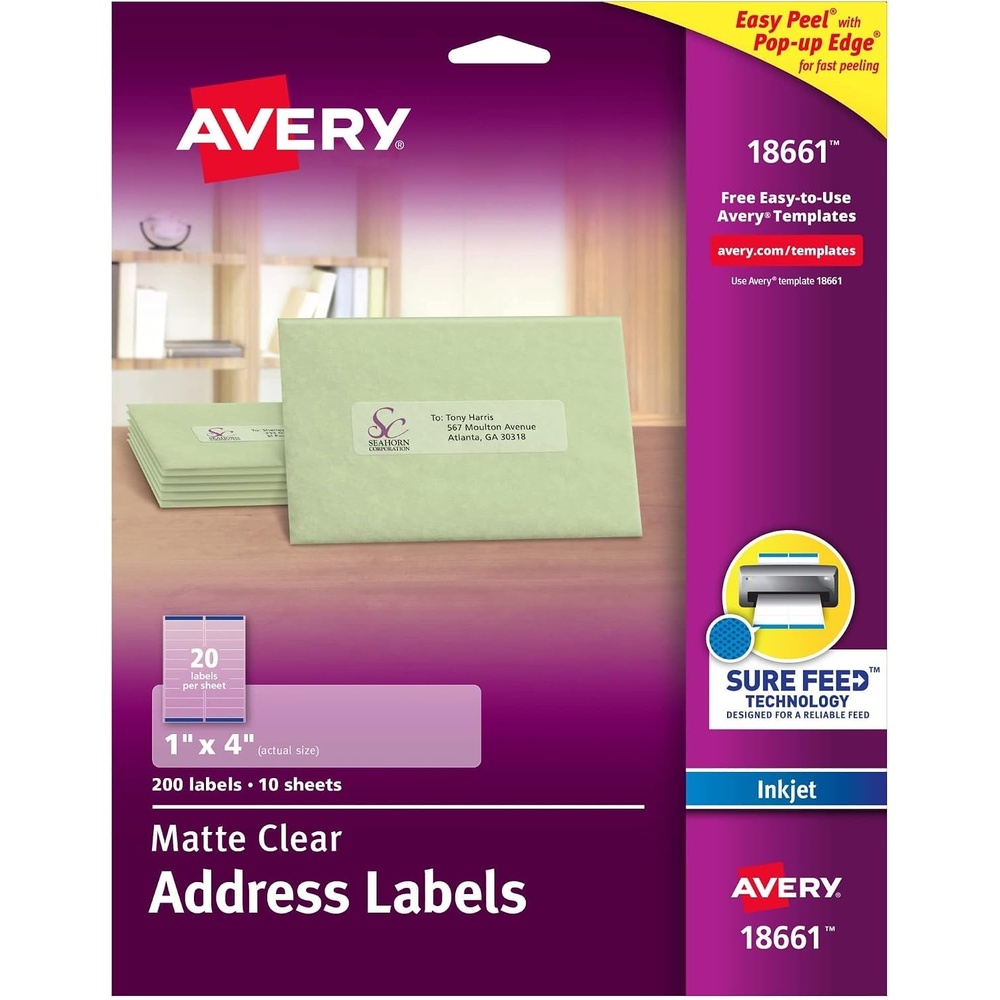 image:imageAvery Printable Address Labels Sure Feed Technology 1 x 4 Matte Clear 200 Blank Mailing Labels 18661Each Pack of 5