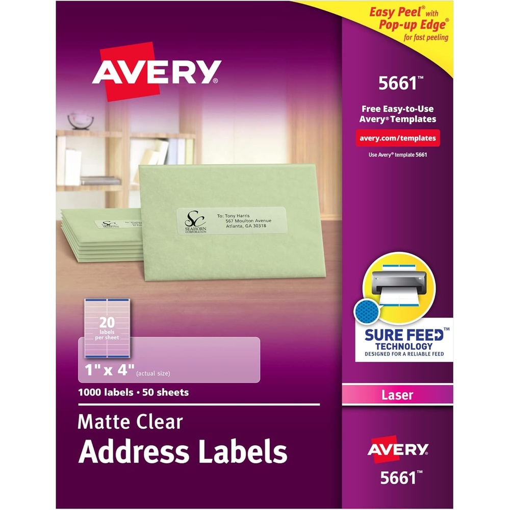 image:imageAvery Printable Address Labels with Sure Feed 1 x 4 Matte Clear 1000 Blank Mailing Labels 056610