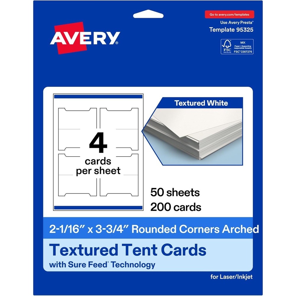 image:imageAvery Printable Arched Tent Cards Sure Feed Technology 2116 x 375 Textured Matte White PrintToTheEdge Capability Laser amp Inkjet Compatible 100 Total200 Cards
