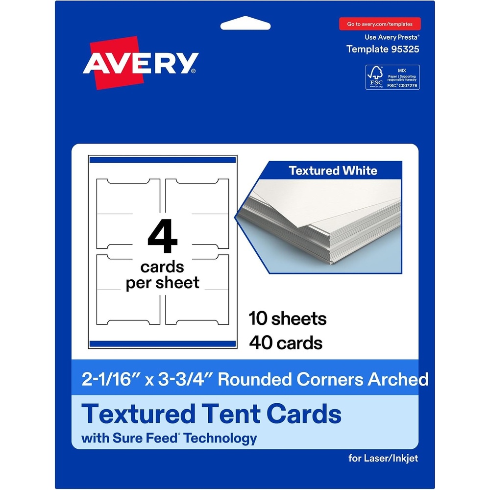 image:imageAvery Printable Arched Tent Cards Sure Feed Technology 2116 x 375 Textured Matte White PrintToTheEdge Capability Laser amp Inkjet Compatible 100 Total40 Cards
