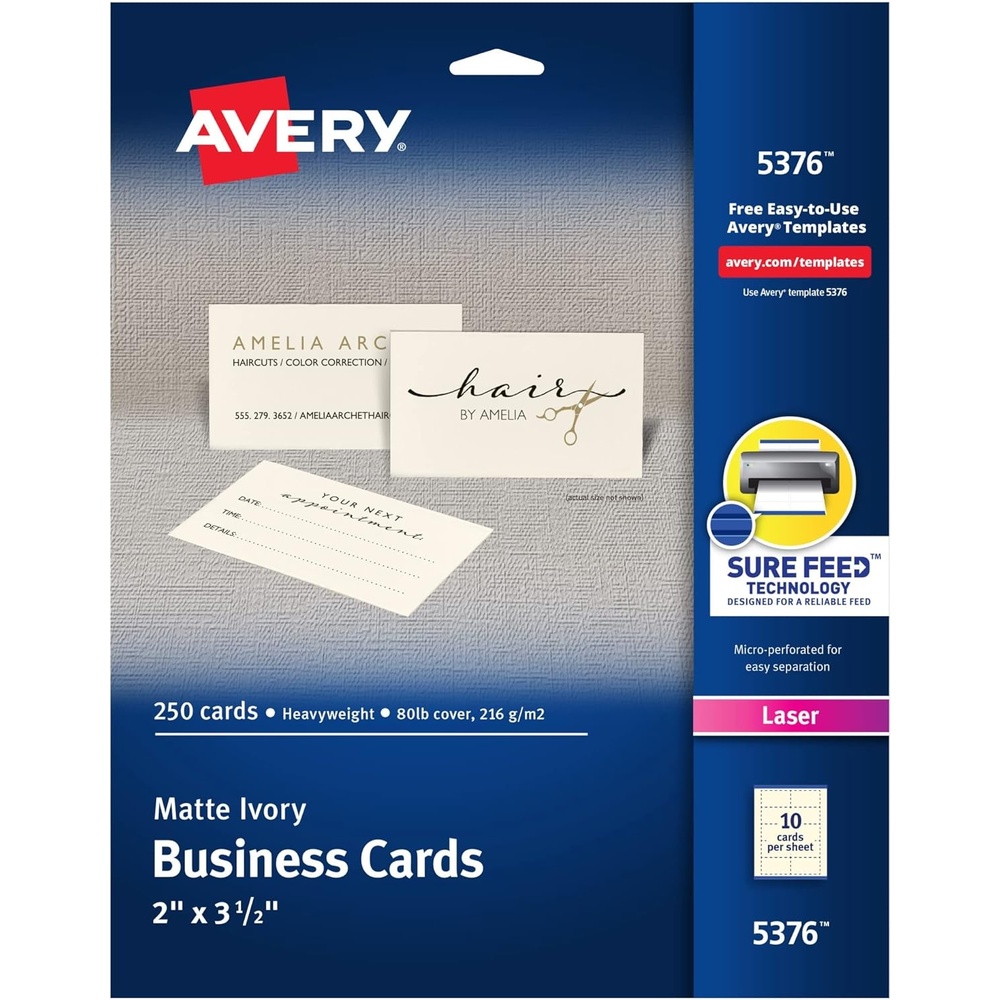 image:imageAvery Printable Business Cards with Sure Feed Technology 2 x 35 Ivory 250 Blank Cards for Laser Printers 05376True
