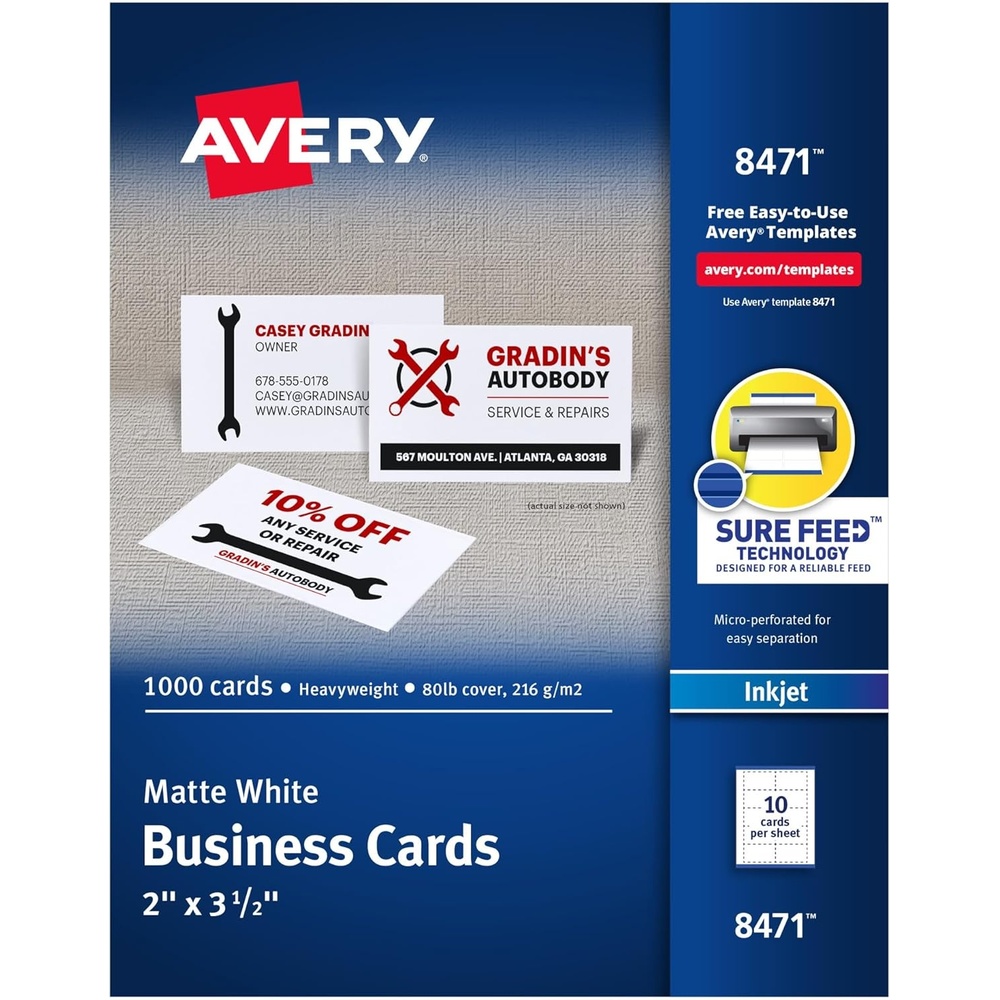 image:imageAvery Printable Business Cards with Sure Feed Technology 2 x 35 White 1000 Blank Business Cards Inkjet Printer Paper 84712 x 35 inches