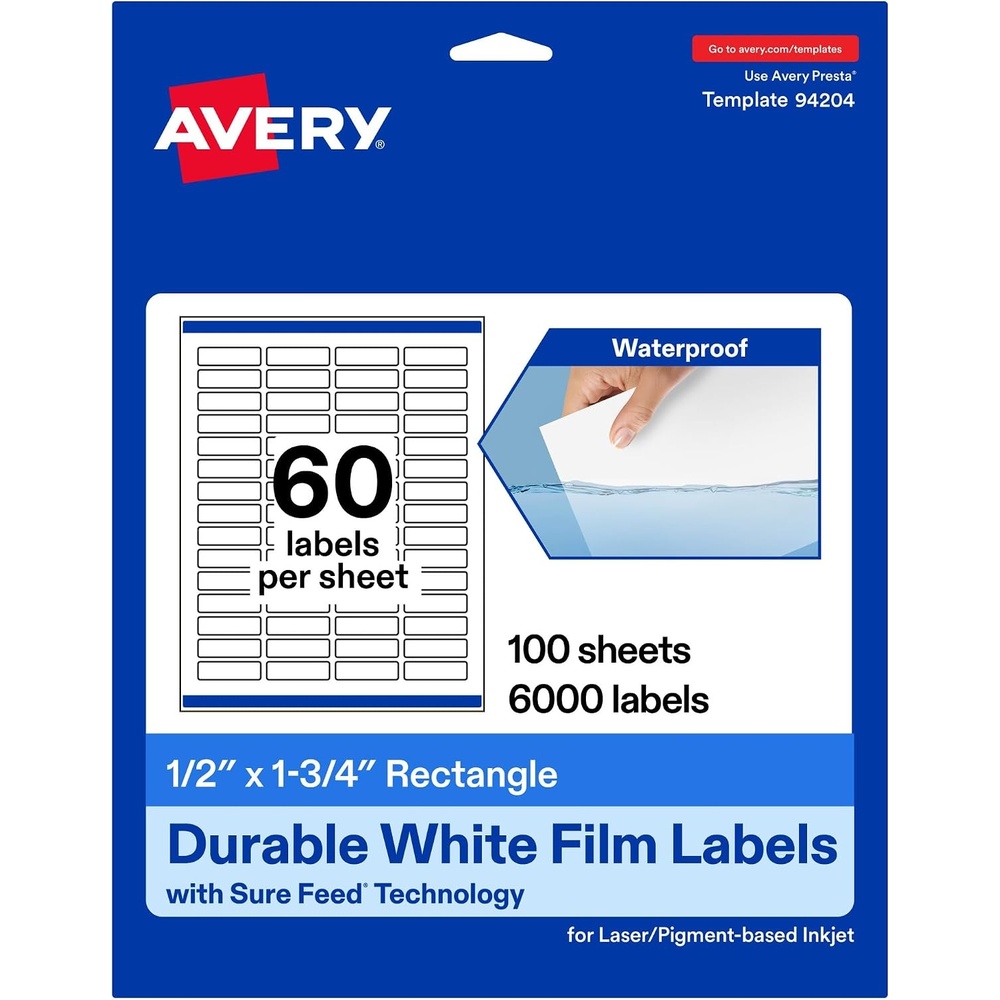 image:imageAvery Printable Durable White Rectangle Labels Sure Feed Technology 12 x 175 PrinttotheEdge Waterproof Labels Laser amp PigmentBased Inkjet Compatible 600 Total6 000 labels
