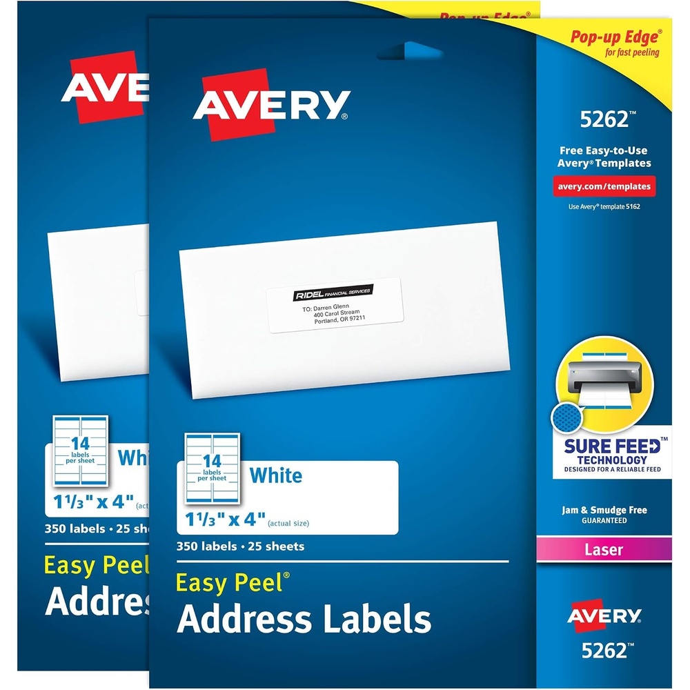 image:imageAvery Printable Easy Peel Address Labels 113 x 4 Sure Feed White 2 Pack 700 Labels Total 5642