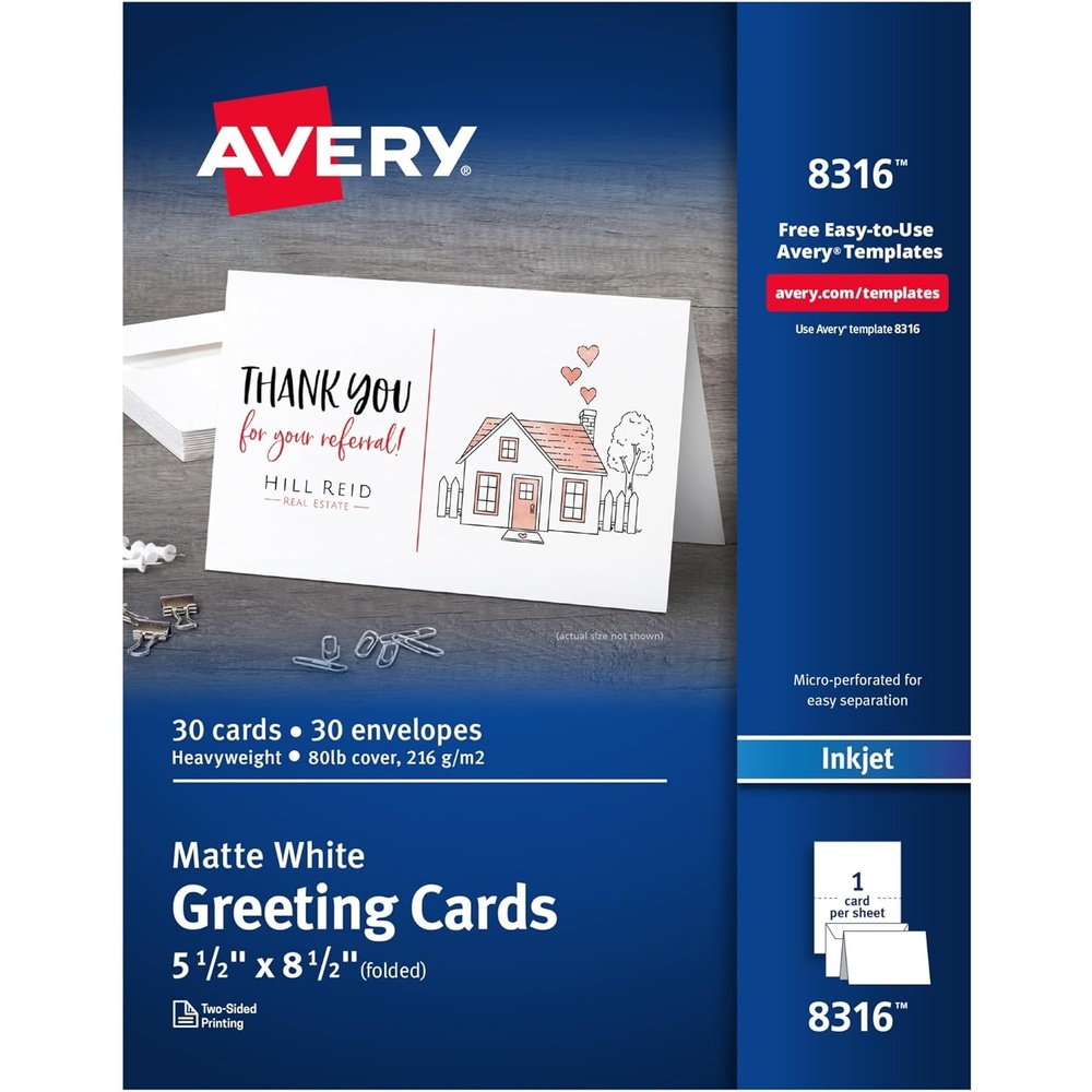 image:imageAvery Printable HalfFold Greeting Cards Envelopes Included 55 x 85 Matte White Inkjet Printer Compatible 30 Blank Cards Total Great for Product Branding Marketing and More 831630 cards