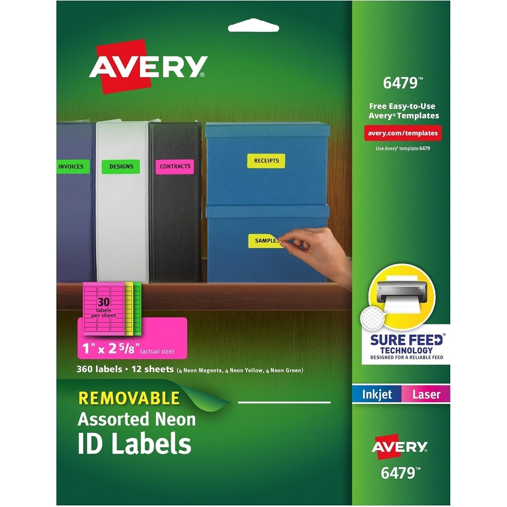 image:imageAvery Printable Labels Sure Feed Technology 1 x 258 Assorted Neon Colors Green Magenta and Yellow Removable Adhesive Laser amp Inkjet Compatible 360 Blank Labels Total 64791H x 2 58W Pack of 5