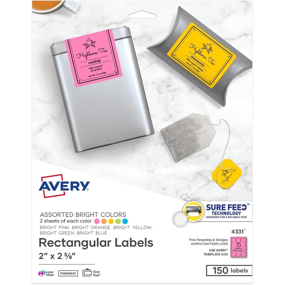 image:imageAvery Printable Labels Sure Feed Technology 2 x 258 Assorted Bright Colors Pink Blue Green Yellow and Orange Laser amp Inkjet Compatible 150 Blank Labels Total 43312 x 258 Pack of 6