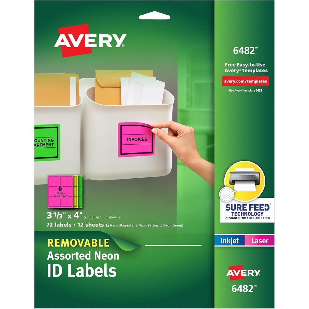 image:imageAvery Printable Labels with Sure Feed 313 x 4 Assorted Neon Colors Green Magenta and Yellow Removable Adhesive Laser amp Inkjet Compatible 72 Blank Labels Total 64823 13 x 4 Pack of 5