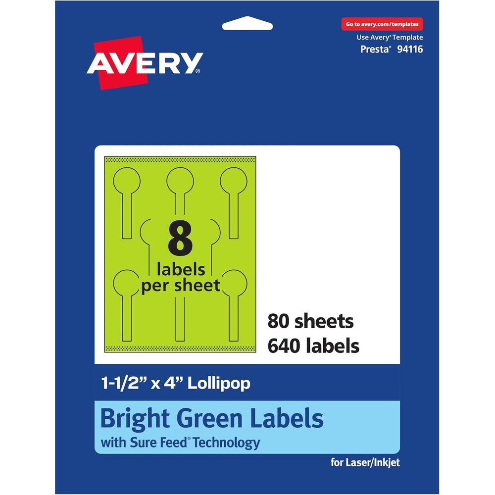 image:imageAvery Printable Lollipop Labels Sure Feed Technology 112 x 4 Bright Green Labels PrinttoTheEdge LaserInkjet Printable 80 Total Great for Jars and Baking Seal Stickers640 labels