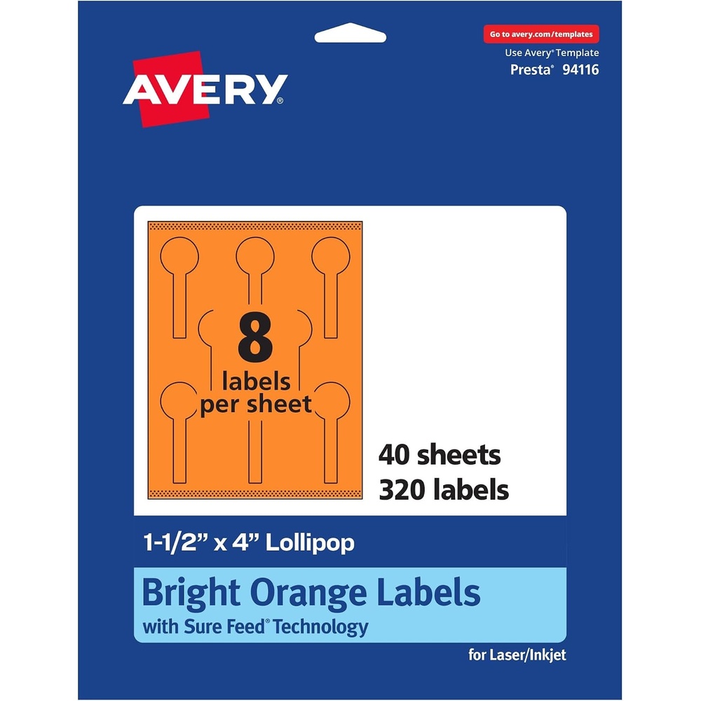 image:imageAvery Printable Lollipop Labels Sure Feed Technology 112 x 4 Bright Orange Labels PrinttoTheEdge LaserInkjet Printable 80 Total Great for Jars and Baking Seal Stickers320 labels