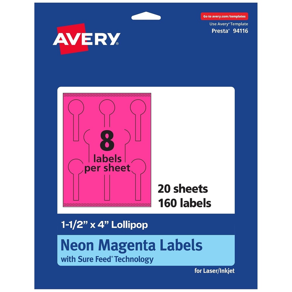 image:imageAvery Printable Lollipop Labels Sure Feed Technology 112 x 4 Neon Magenta Labels PrinttoTheEdge LaserInkjet Printable 160 Total Great for Jars and Baking Seal Stickers160 labels