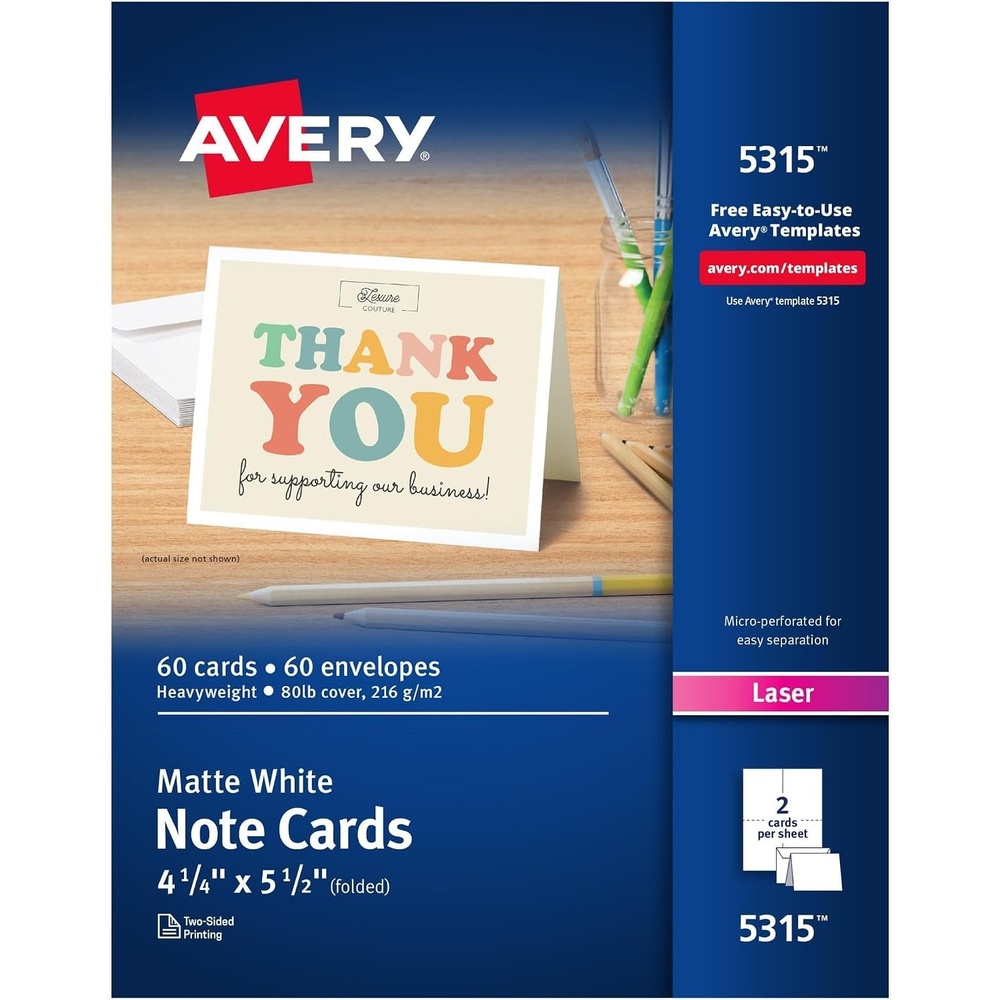 image:imageAvery Printable Note Cards Envelopes Included 425 x 55 Matte White Laser Printer Compatible 60 Blank Cards Total Great for Product Branding Marketing and More 5315414 x 512 Inches Pack of 5