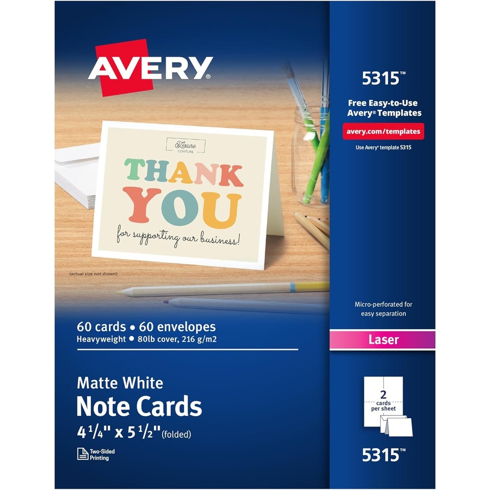 image:imageAvery Printable Note Cards Envelopes Included 425 x 55 Matte White Laser Printer Compatible 60 Blank Cards Total Great for Product Branding Marketing and More 5315414 x 512 Inches