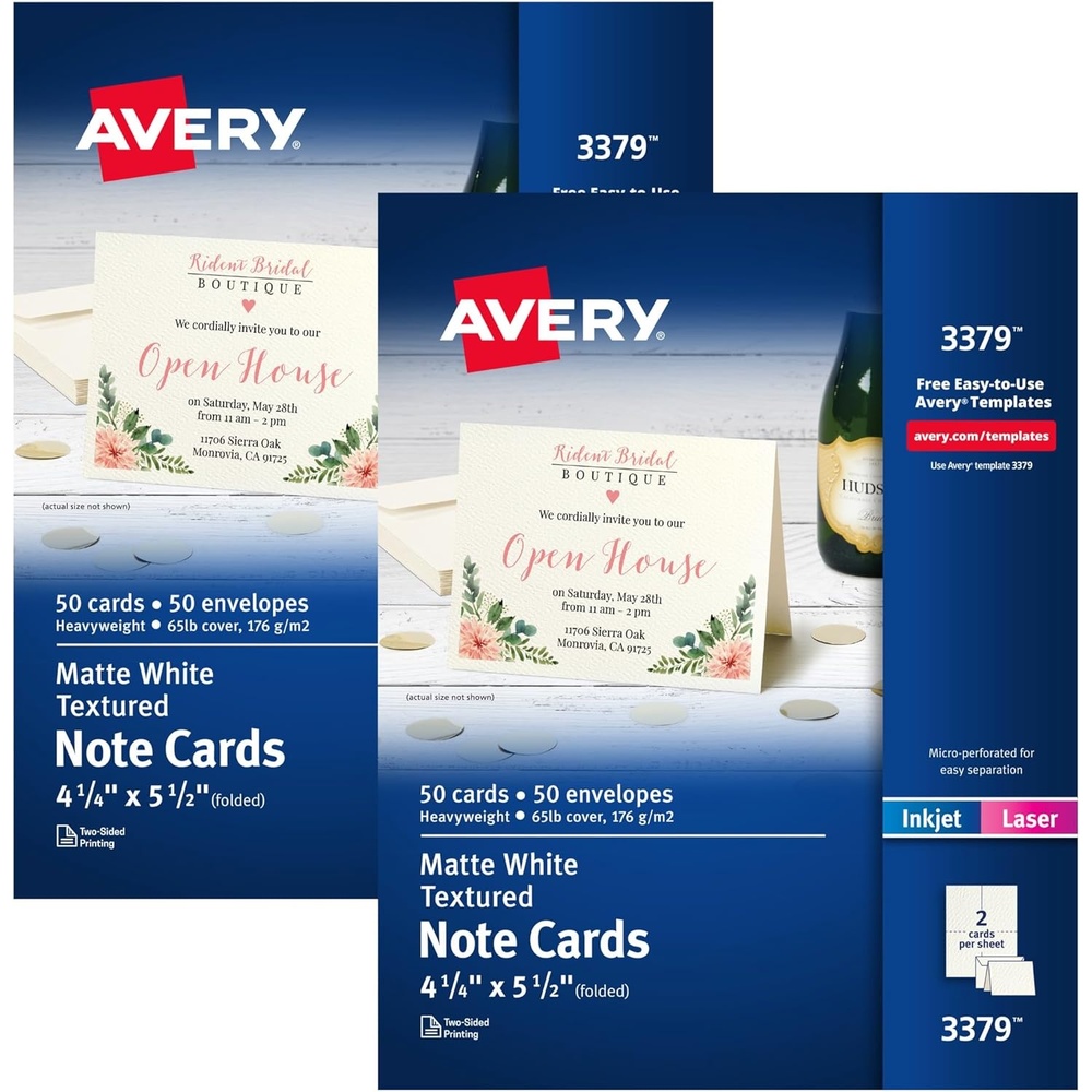 image:imageAvery Printable Note Cards Envelopes Included 425 x 55 Textured White Laser amp Inkjet Compatible 50 Blank Cards per Pack Great for Product Branding Marketing and More 2 Packs of 58130