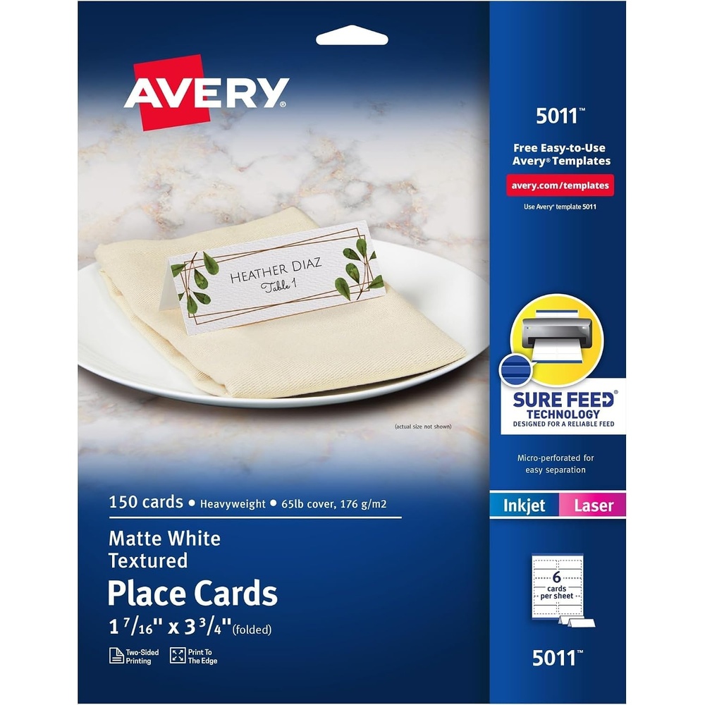 image:imageAvery Printable Place Cards Sure Feed Technology 1716 x 334 Matte White Laser amp Inkjet Compatible 150 Blank Tent Cards Total 50111716 x 334  150 Cards Pack of 5