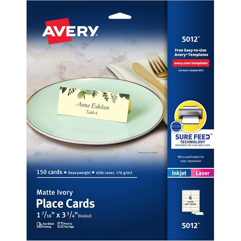 image:imageAvery Printable Place Cards with Sure Feed Technology 1716 x 334 Textured Ivory 150 Blank Tent Cards for Laser or Inkjet Printers 5012