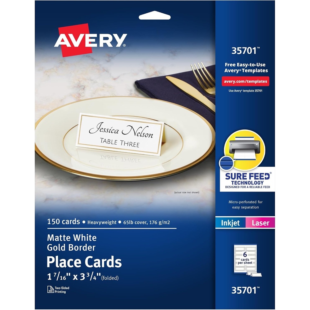 image:imageAvery Printable Place Cards with Sure Feed Technology 1716 x 334 White with Gold Border 150 Blank Tent Cards for Laser or Inkjet Printers 35701