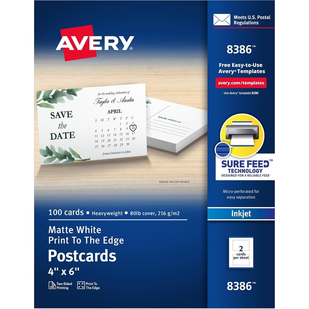 image:imageAvery Printable Postcards 425 x 55 Glossy White 100 Blank Postcards for Inkjet and Laser Printers 8383Matte White
