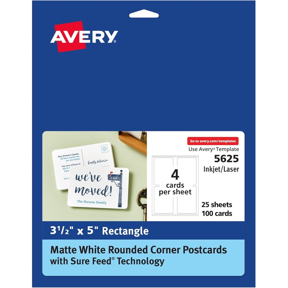 image:imageAvery Printable Postcards with Sure Feed Technology 4 x 6 White 100 Blank Postcards for Laser Printers 5389Matte White  Rounded Corners