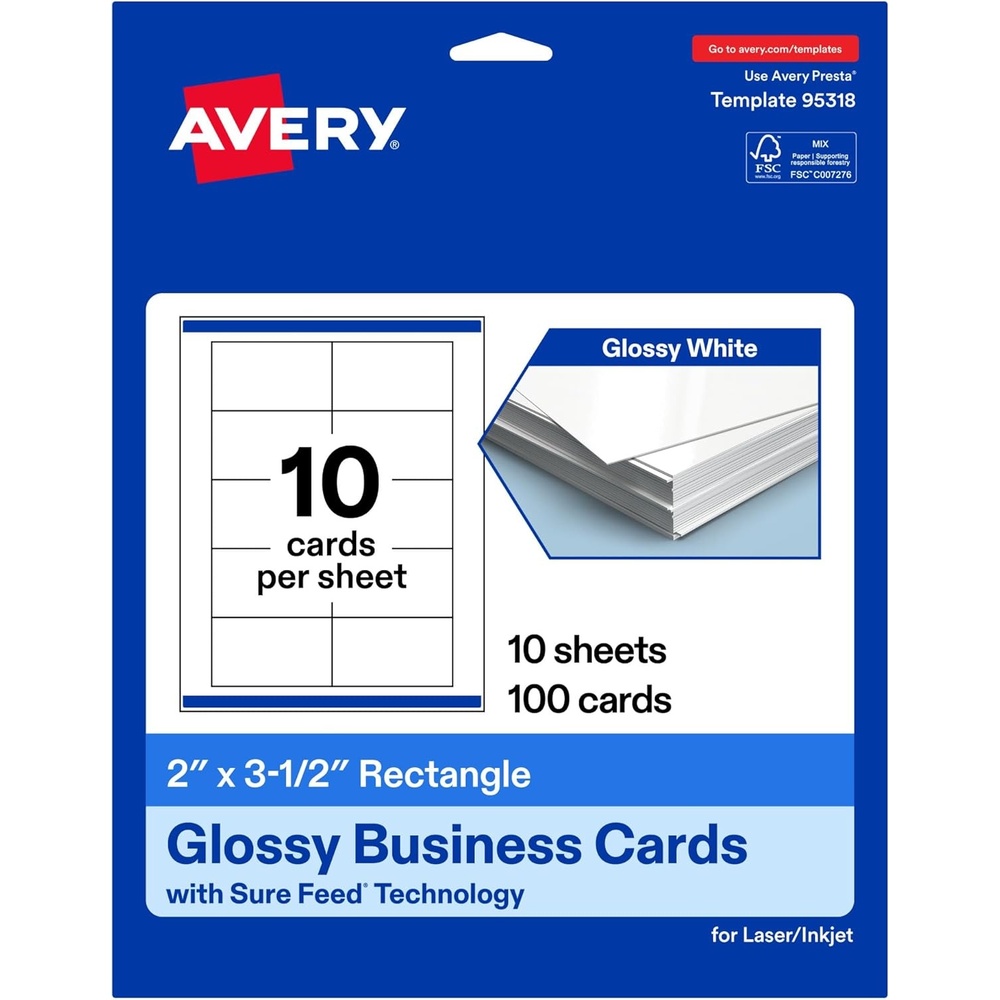 image:imageAvery Printable Rectangle Business Cards Sure Feed Technology 2 x 312 Glossy White Cardstock PrintToTheEdge LaserInkjet Printable 100 Total100 cards