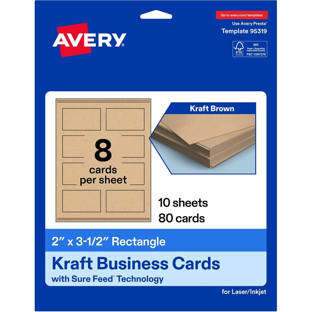 image:imageAvery Printable Rectangle Business Cards Sure Feed Technology 2 x 312 Kraft Brown Cardstock PrintToTheEdge LaserInkjet Printable 80 Total80 cards