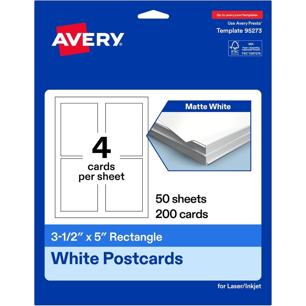 image:imageAvery Printable Rectangle Cards 35 x 5 Matte White Cardstock PrinttotheEdge LaserInkjet Cards 200 Total200 cards