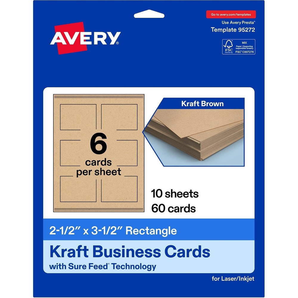image:imageAvery Printable Rectangle Cards Sure Feed Technology 25 x 35 Matte White Cardstock PrinttotheEdge LaserInkjet Cards 300 TotalKraft Brown