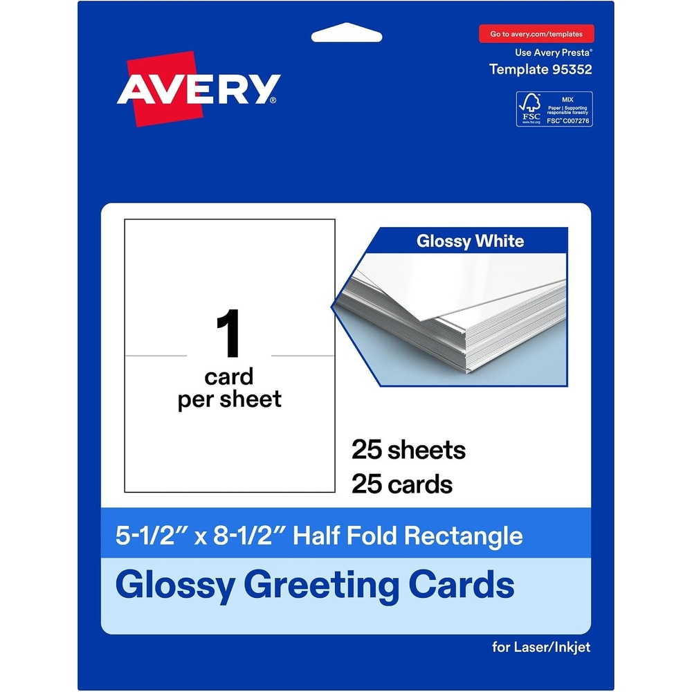 image:imageAvery Printable Rectangle Half Fold Greeting Cards 55 x 85 Glossy White Cardstock LaserInkjet 50 Total Great for Thank You Cards Event Invitations and More25 cards