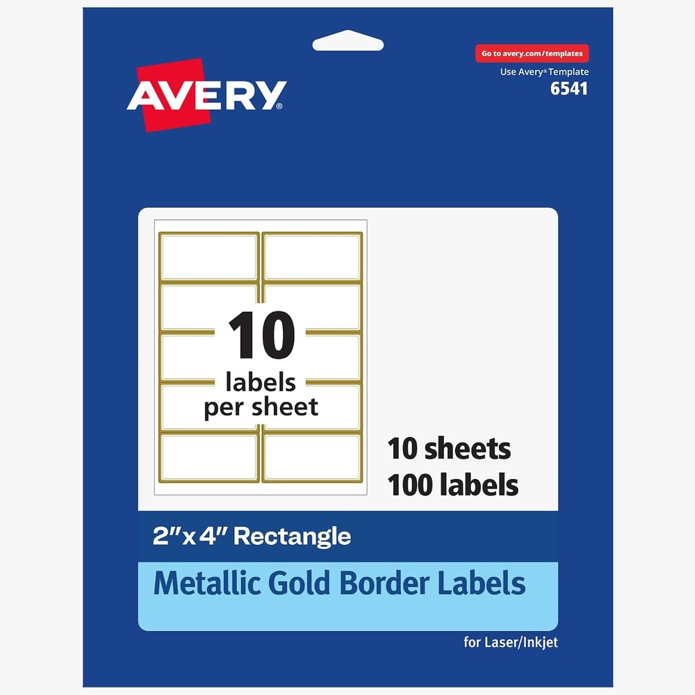 image:imageAvery Printable Rectangle Labels 2 x 4 Blank Labels Shipping Matte White Metallic Gold Border Permanent Adhesive LaserInkjet Printable 100 Total 6541