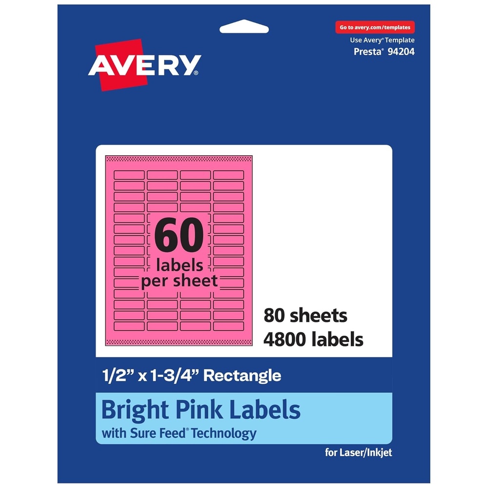 image:imageAvery Printable Rectangle Labels Sure Feed Technology 12 x 134 Bright Pink Labels PrinttoTheEdge LaserInkjet Printable 600 Total Great for Jars and More4 800 labels