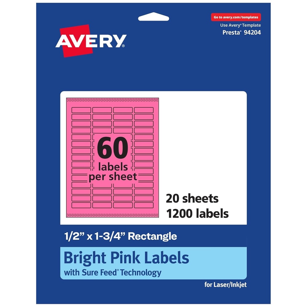 image:imageAvery Printable Rectangle Labels Sure Feed Technology 12 x 134 Bright Pink Labels PrinttoTheEdge LaserInkjet Printable 600 Total Great for Jars and More1 200 labels