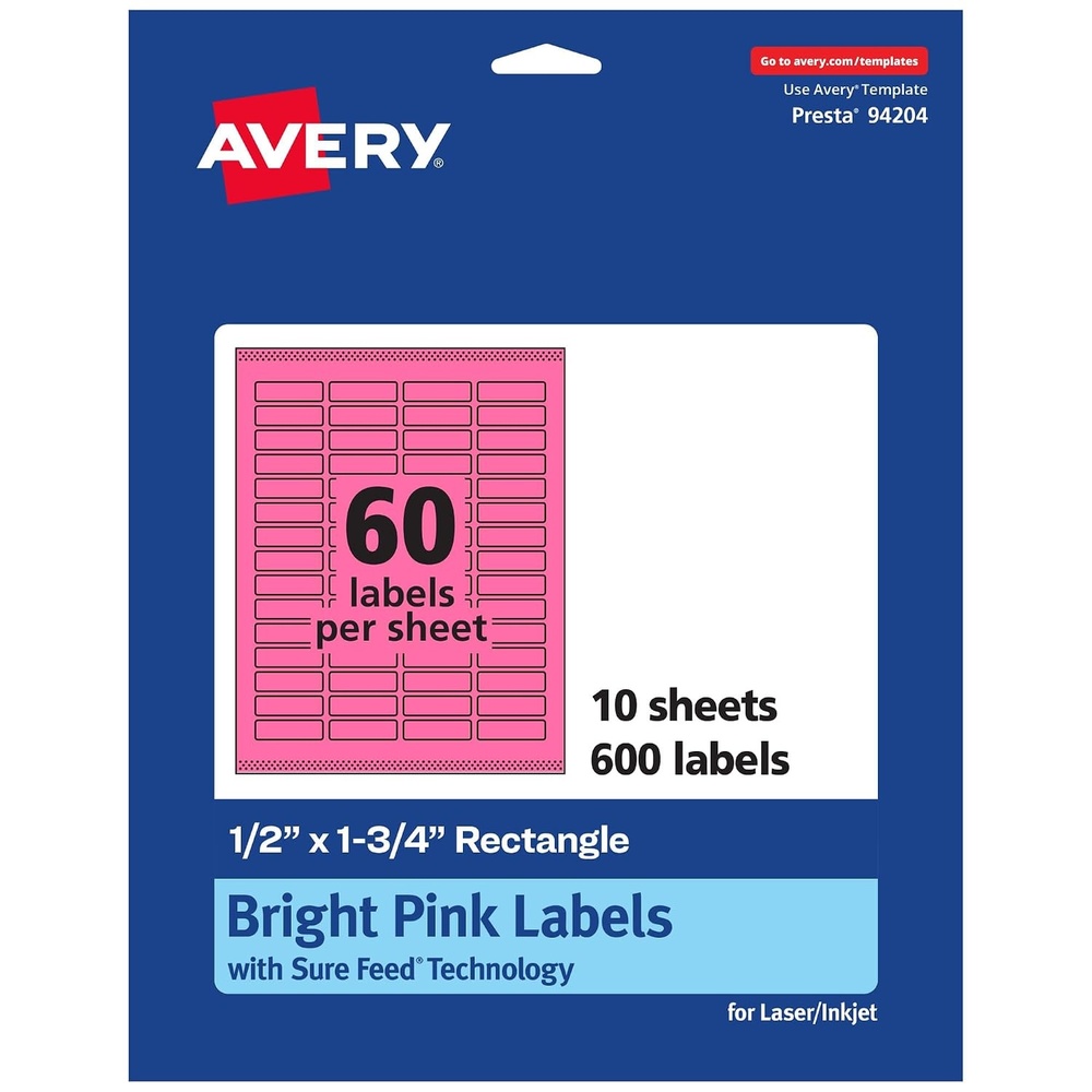 image:imageAvery Printable Rectangle Labels Sure Feed Technology 12 x 134 Bright Pink Labels PrinttoTheEdge LaserInkjet Printable 600 Total Great for Jars and More600 labels