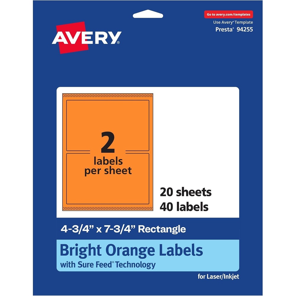 image:imageAvery Printable Rectangle Labels Sure Feed Technology 434 x 734 Bright Orange Labels PrinttoTheEdge LaserInkjet Printable 20 Total Great for Shipping and Packaging40 labels