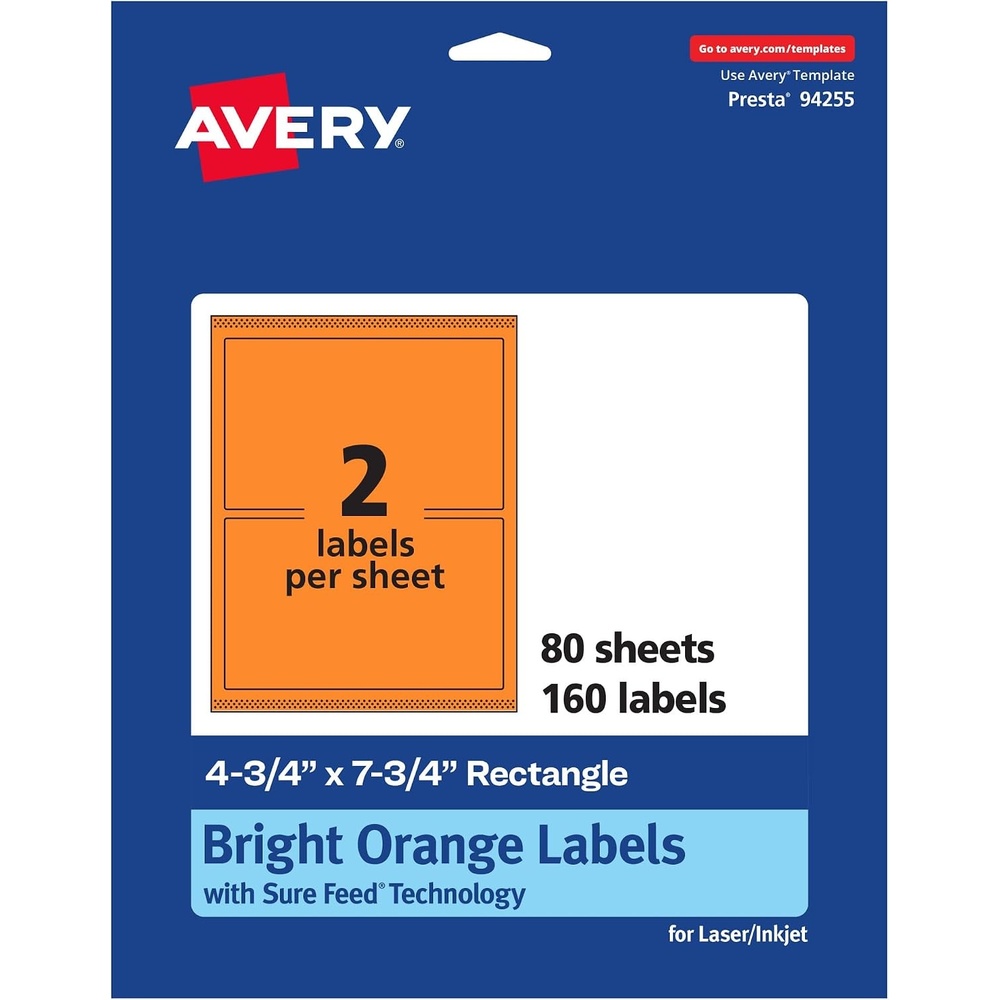 image:imageAvery Printable Rectangle Labels Sure Feed Technology 434 x 734 Bright Orange Labels PrinttoTheEdge LaserInkjet Printable 20 Total Great for Shipping and Packaging160 labels