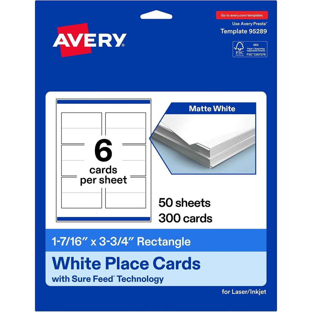 image:imageAvery Printable Rectangle Place Cards Sure Feed Technology 1716 x 375 Matte White Cardstock PrinttotheEdge LaserInkjet 300 Total Great for Place Settings Seating Cards and More300 cards