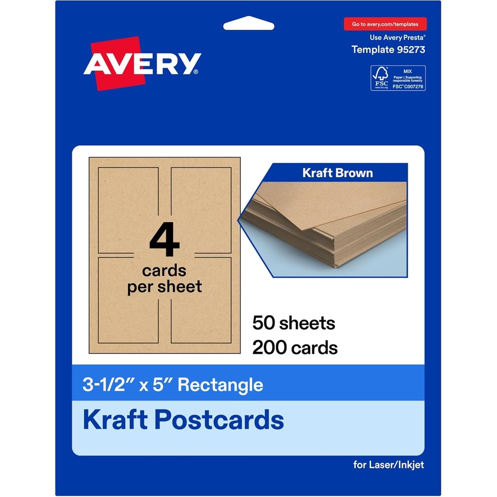 image:imageAvery Printable Rectangle Postcards 35 x 5 Kraft Brown Cardstock PrintToTheEdge LaserInkjet Cards 200 Total200 cards