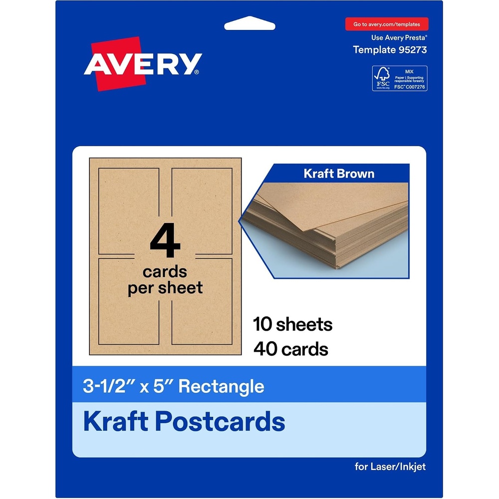 image:imageAvery Printable Rectangle Postcards 35 x 5 Kraft Brown Cardstock PrintToTheEdge LaserInkjet Cards 200 Total40 cards
