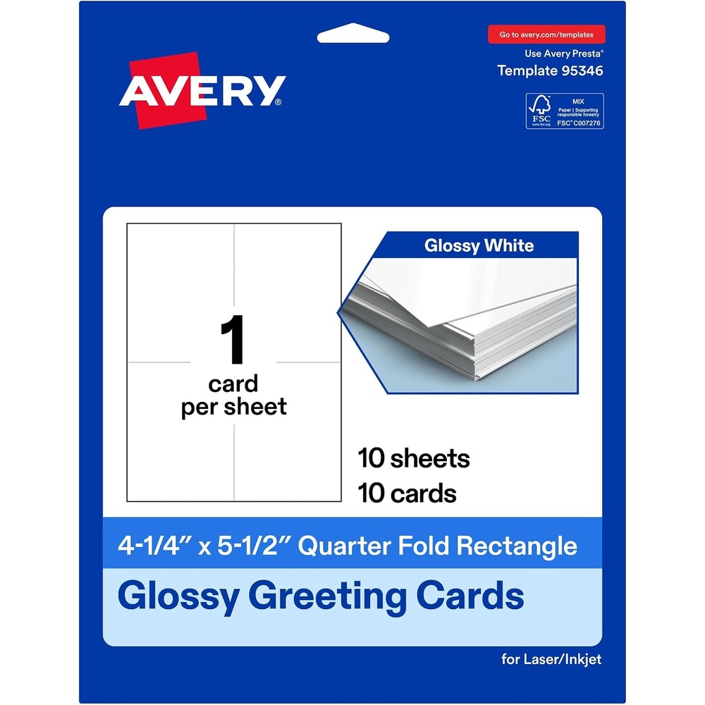 image:imageAvery Printable Rectangle Quarter Fold Greeting Cards 425 x 55 Glossy White Cardstock LaserInkjet 25 Total Great for Thank You Cards Event Invitations and More10 cards