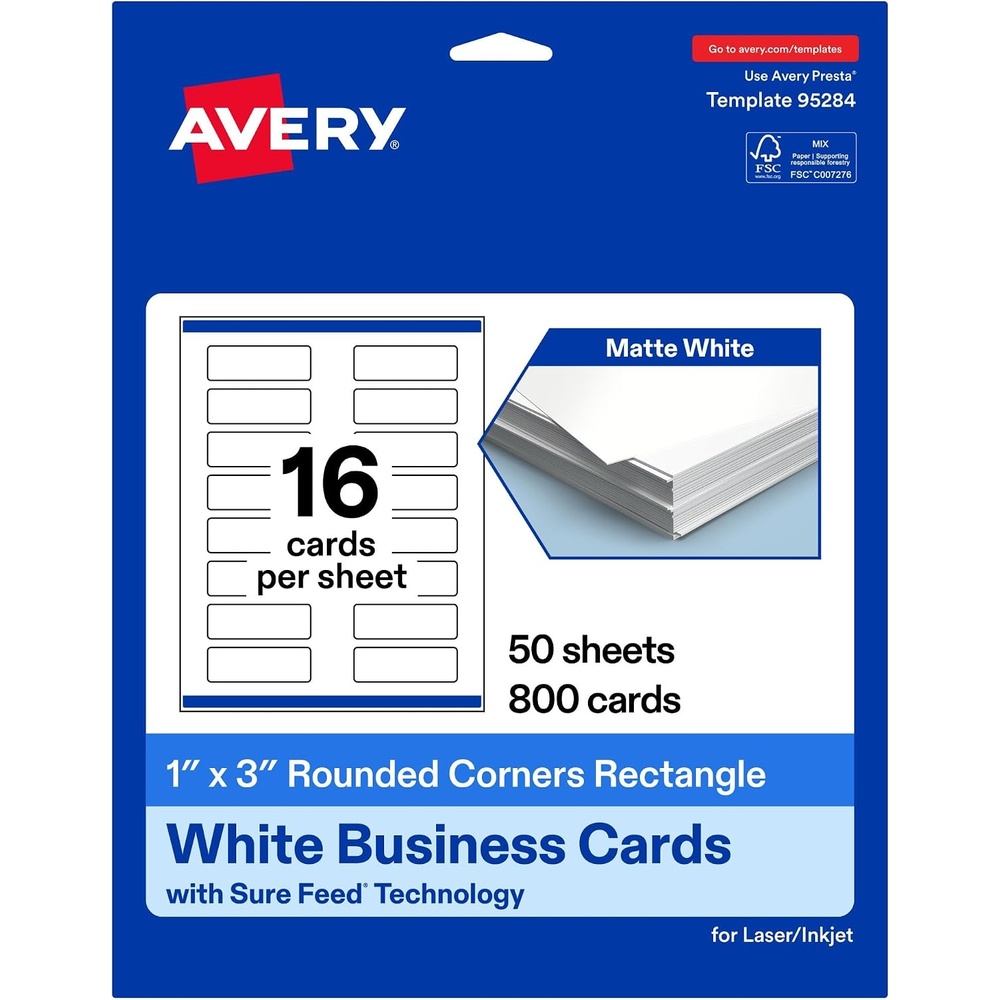 image:imageAvery Printable Rectangle Rounded Corner Mini Business Cards Sure Feed Technology 1 x 3 Matte White Cardstock PrintToTheEdge LaserInkjet Printable 400 Total800 cards