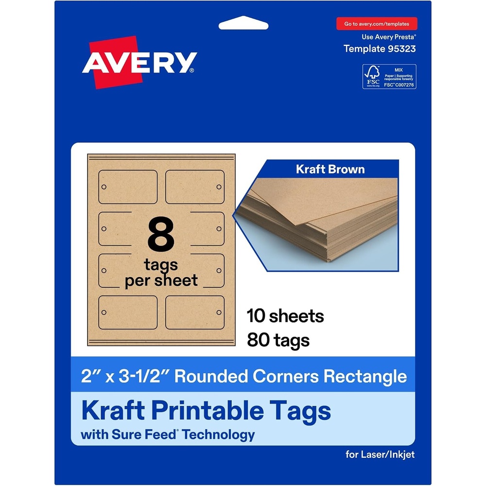 image:imageAvery Printable Rectangle Rounded Corner Tags Sure Feed Technology 2 x 312 Kraft Brown Cardstock PrintToTheEdge LaserInkjet Printable 80 Total Great for Custom Gift or Branding Tags80 cards